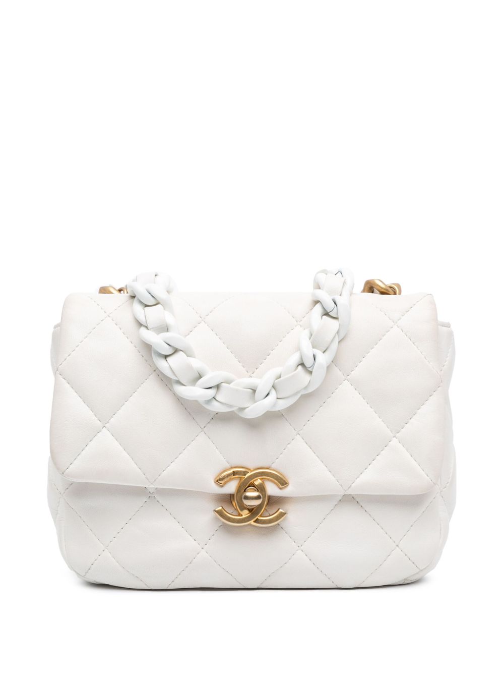 CHANEL Pre-Owned Chain Flap 迷你绗缝小羊皮亮漆斜挎包（2021-2024年典藏款） - 白色