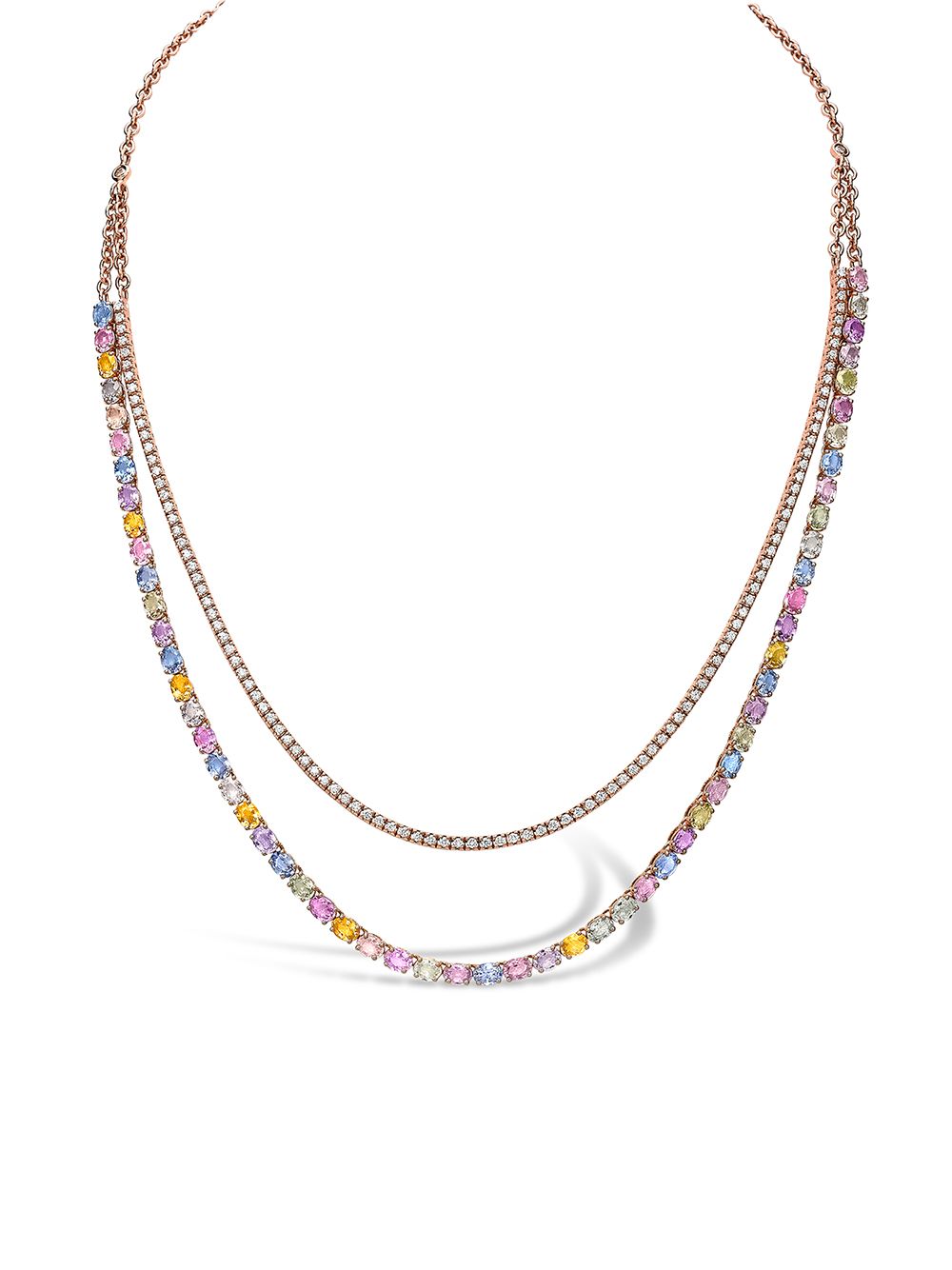 Pragnell Rainbow Fancy 18K玫瑰金蓝宝石钻石双链设计项链 - 粉色