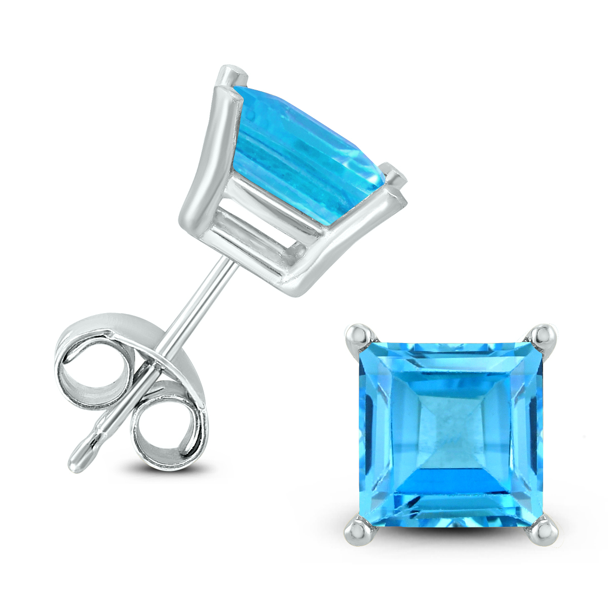 14K White Gold 7MM Square Blue Topaz Earrings
