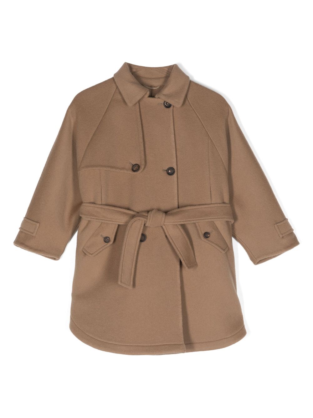 Brunello Cucinelli Kids 束腰初剪羊毛混纺外套 - 褐色