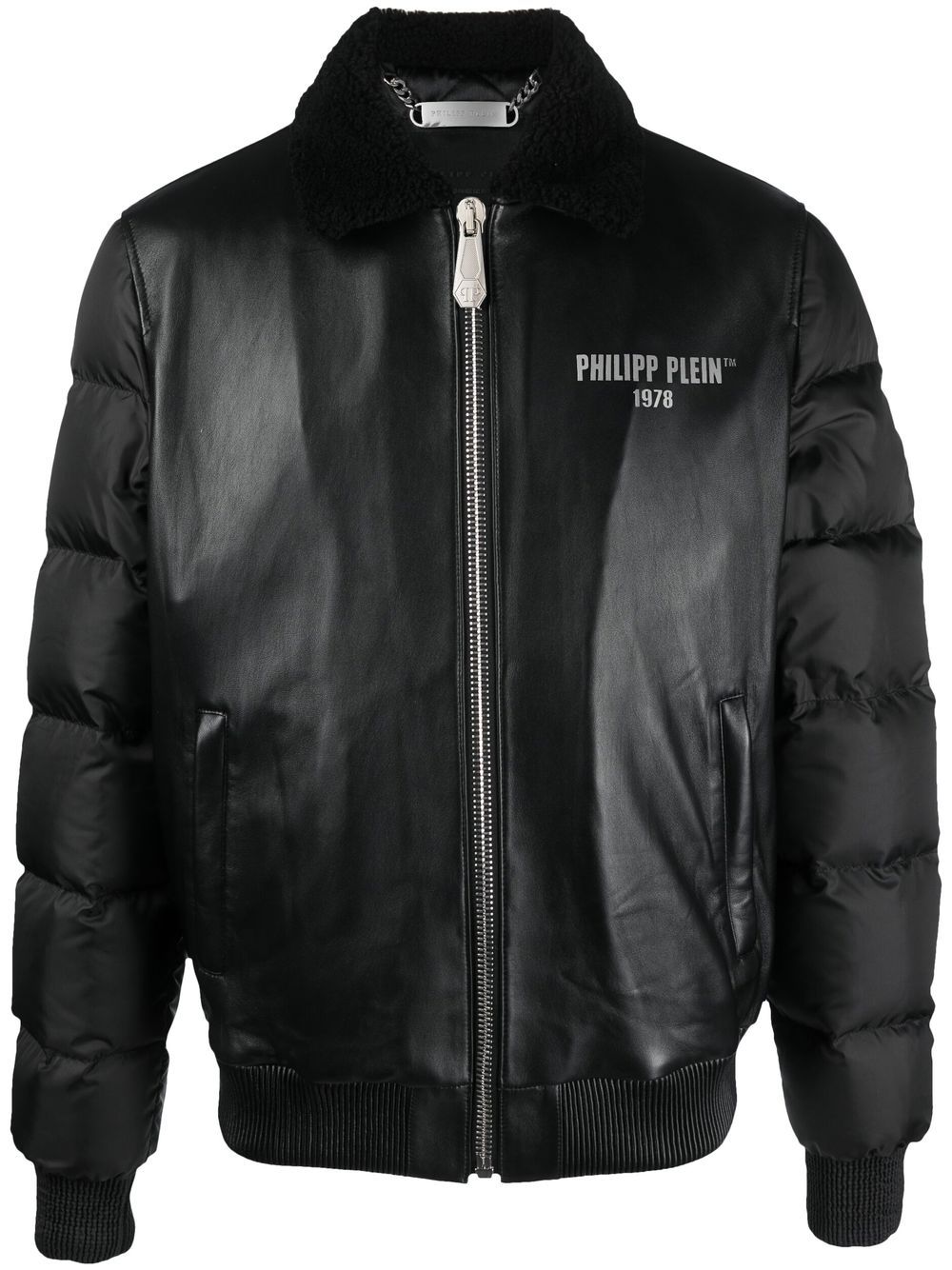Philipp Plein logo印花填充皮质夹克 - 黑色