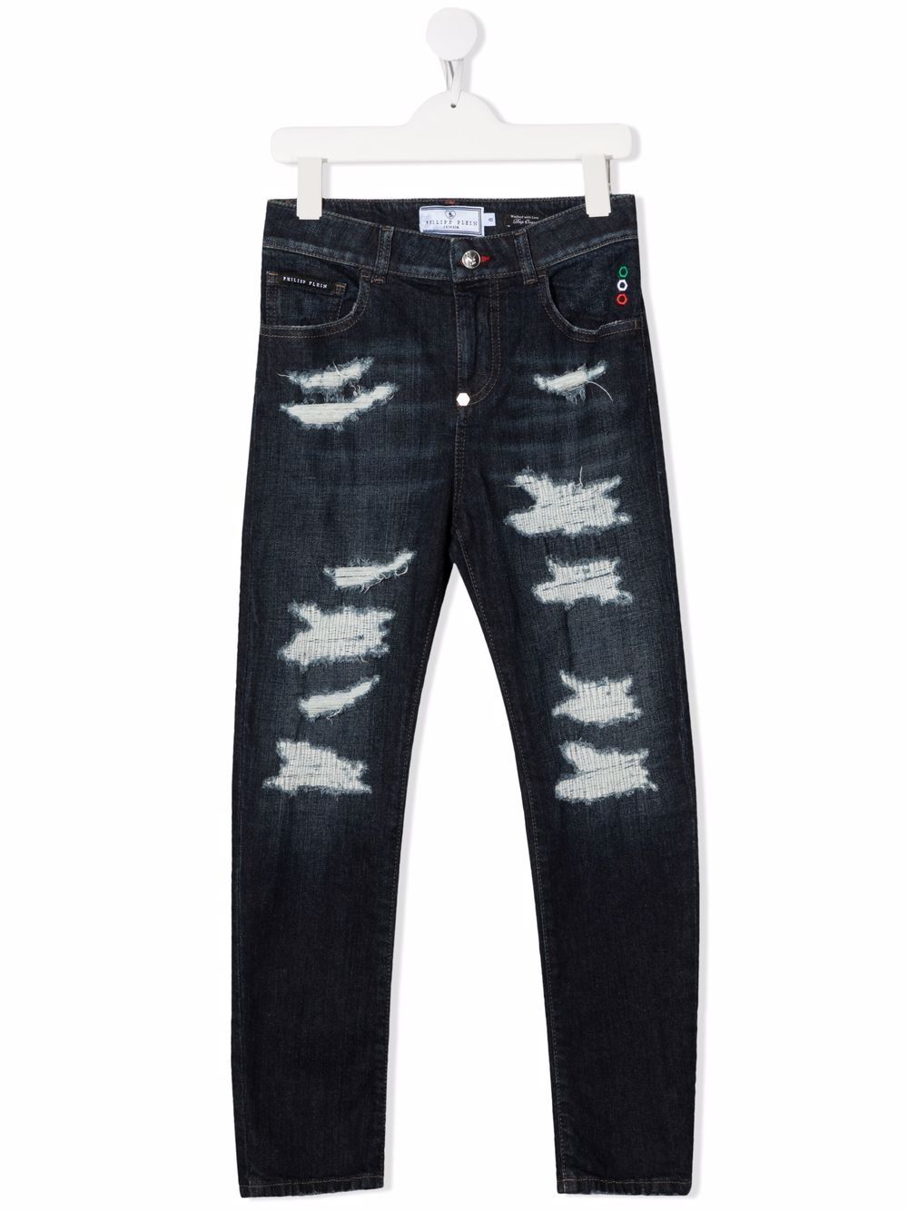 Philipp Plein Junior 仿旧修身牛仔裤 - 蓝色