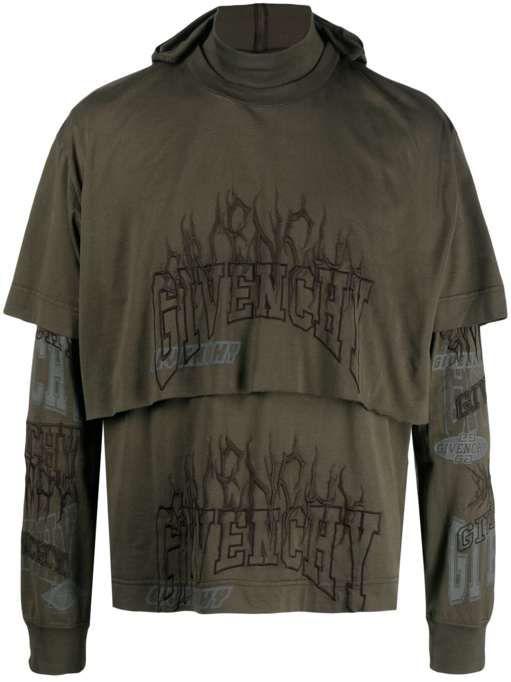 Givenchy logo刺绣分层式棉连帽衫 - 绿色