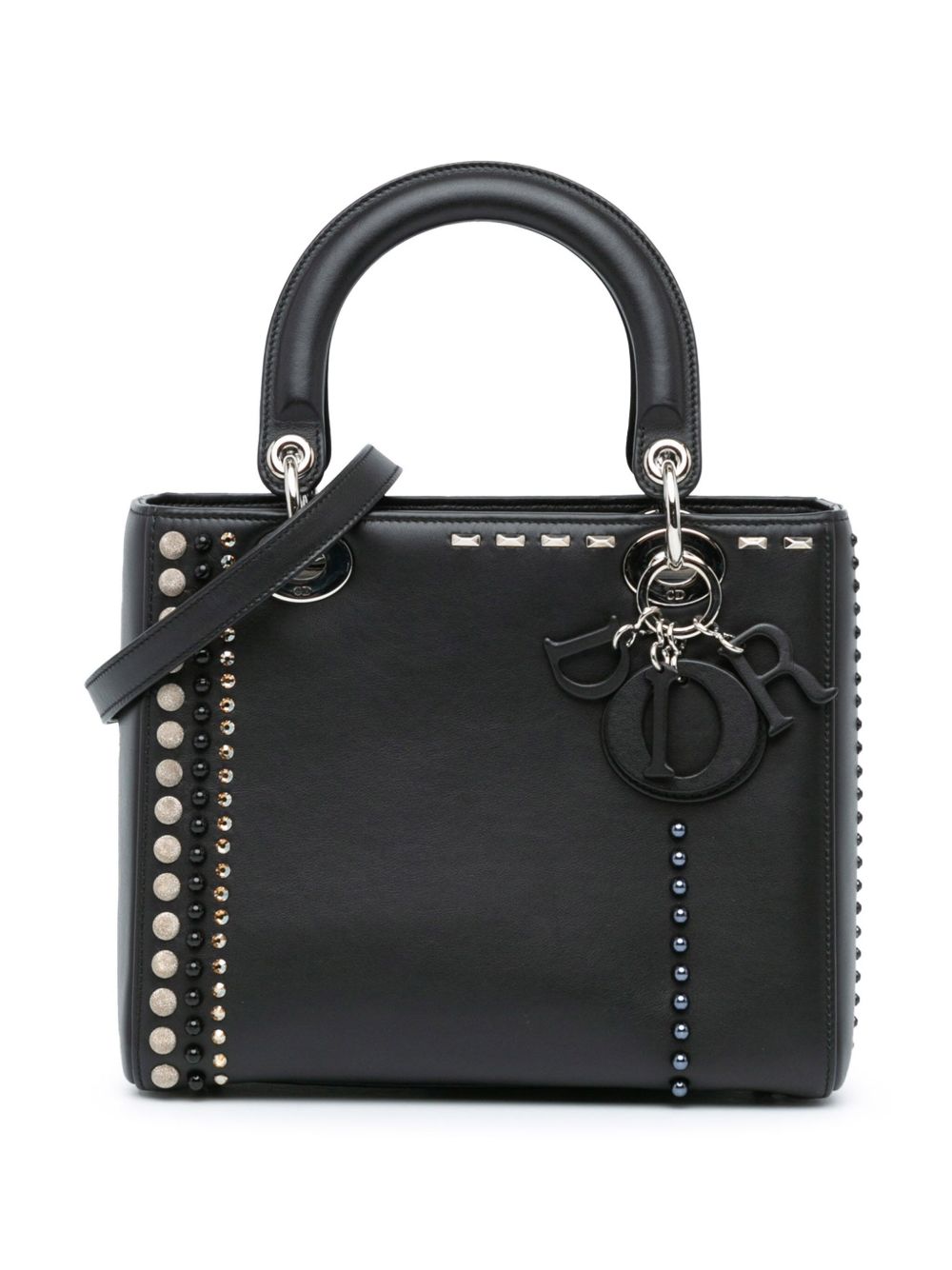 Christian Dior Pre-Owned Lady Dior 中号铆钉小牛皮斜挎包（2015年典藏款） - 黑色