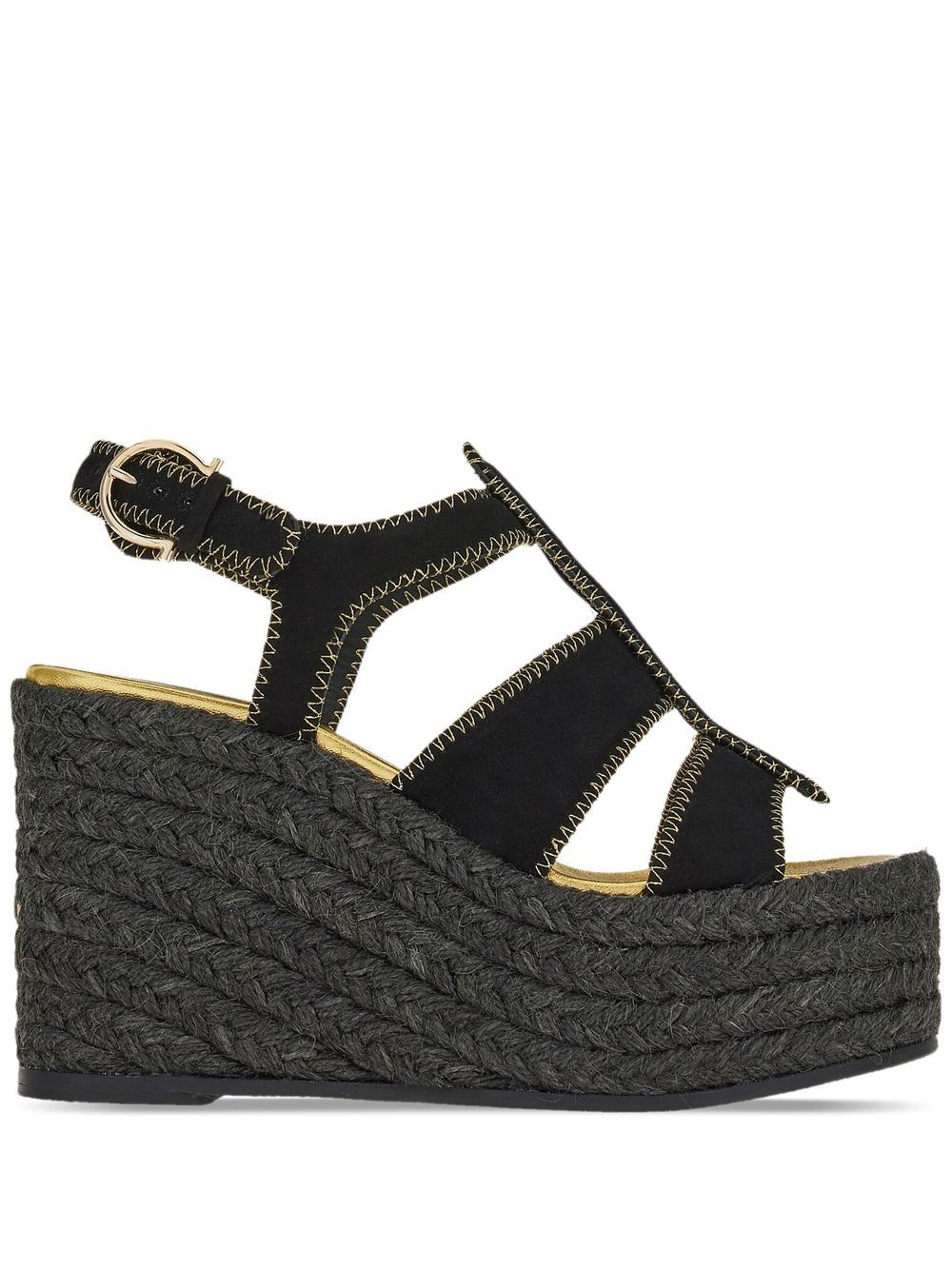 Ferragamo 中坡跟草编凉鞋 - 黑色