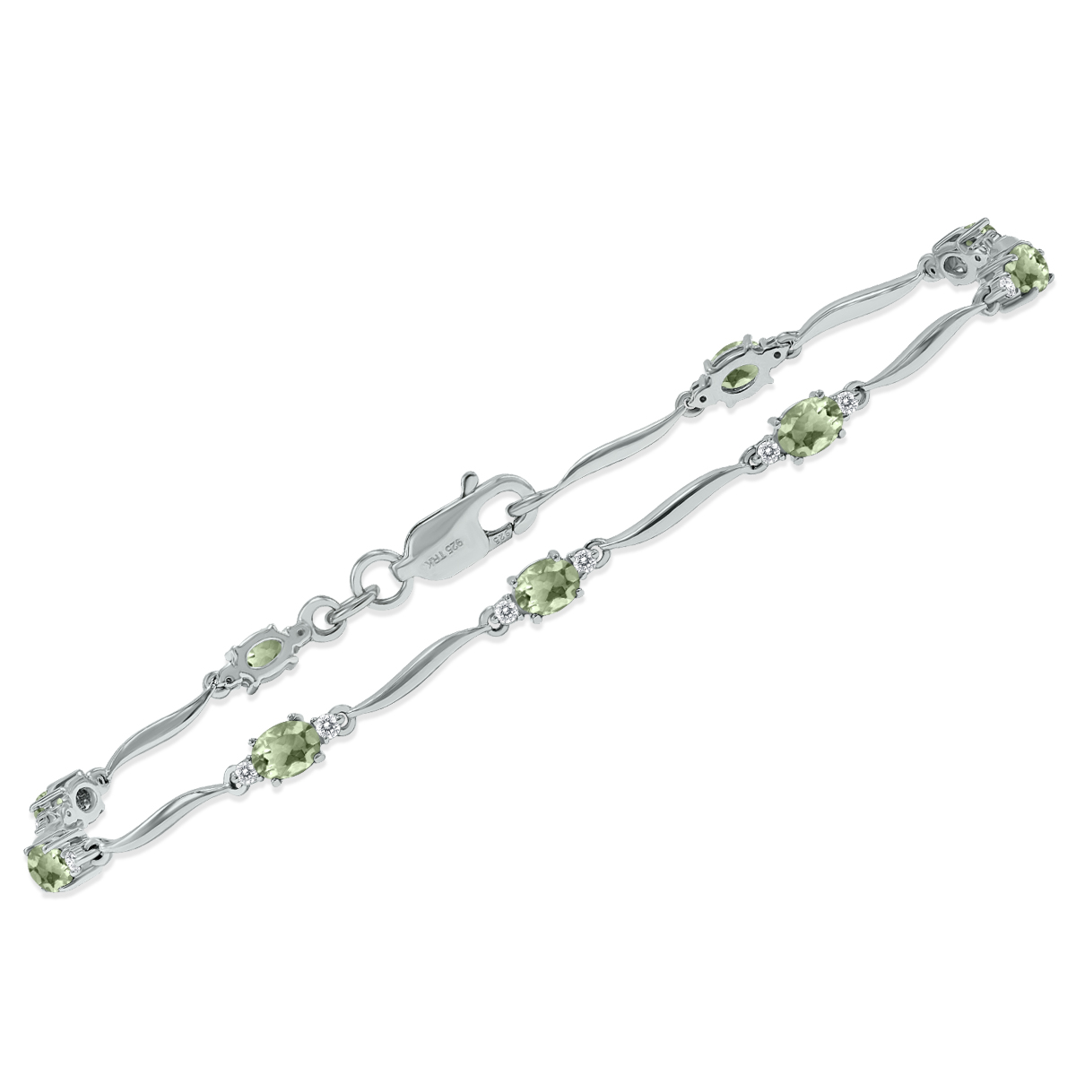 Green Amethyst and Diamond Wave Link Bracelet in.925 Sterling Silver