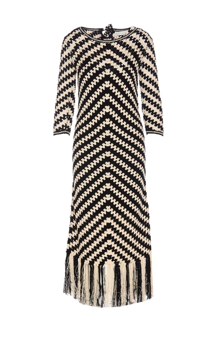 Midi Black And White Dress With Chevron Motif In Crochet Woman