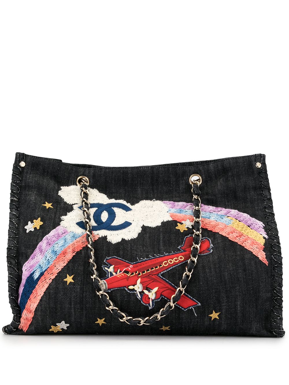 CHANEL Pre-Owned Jumbo XL彩虹飞机刺绣托特包 - 蓝色