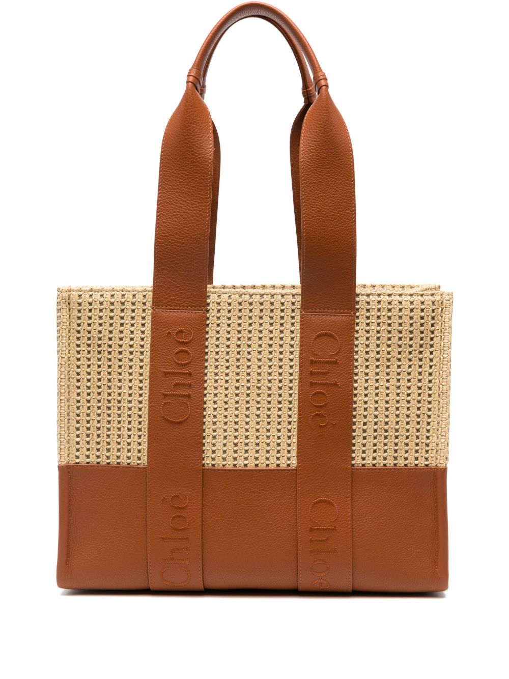 Chloé Woody 中号拉菲草皮质托特包 - 褐色