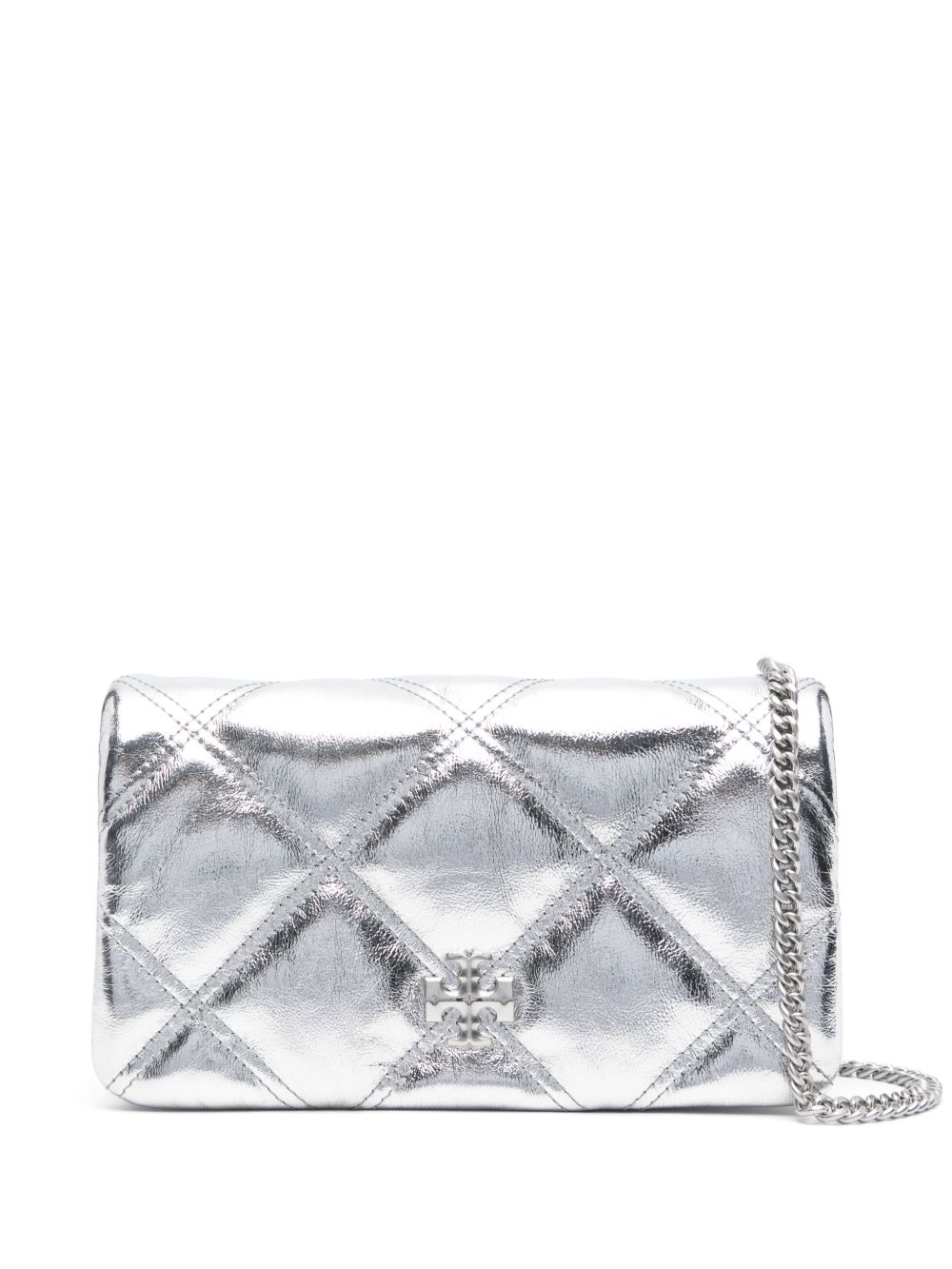 Tory Burch Kira 金属感菱纹绗缝搭链钱包 - 银色