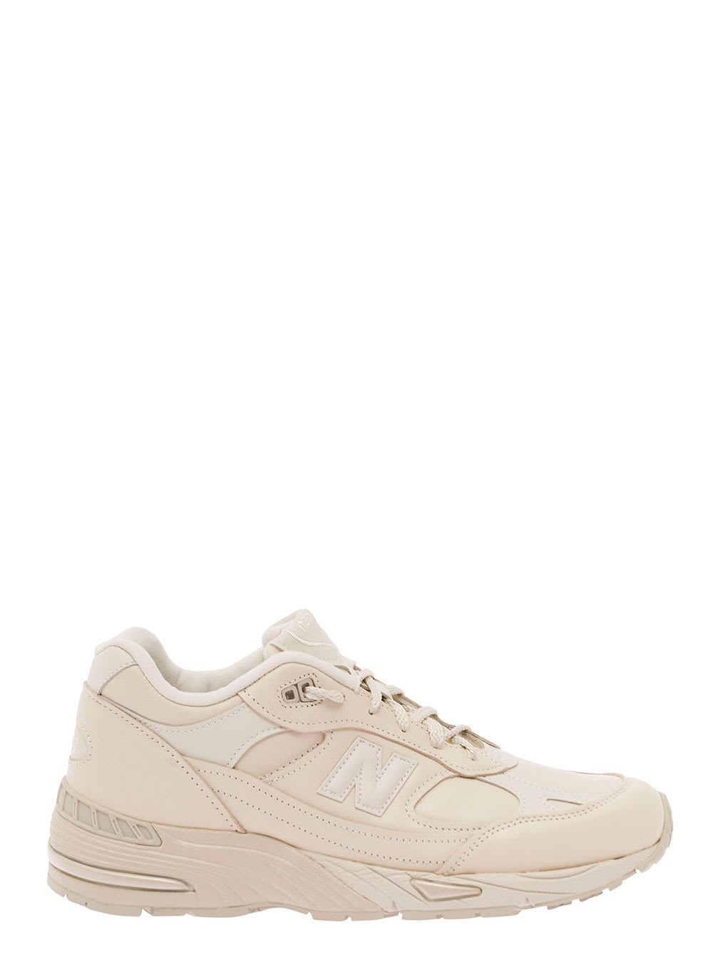 New Balance 991 Beige Panelled Sneakers With Logo Patch In Leather And Fabric Man