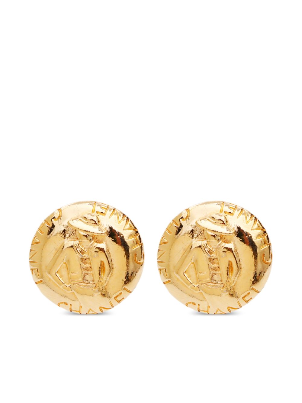 CHANEL Pre-Owned Mademoiselle 压纹纽扣夹扣式耳环（1990年代典藏款） - 金色