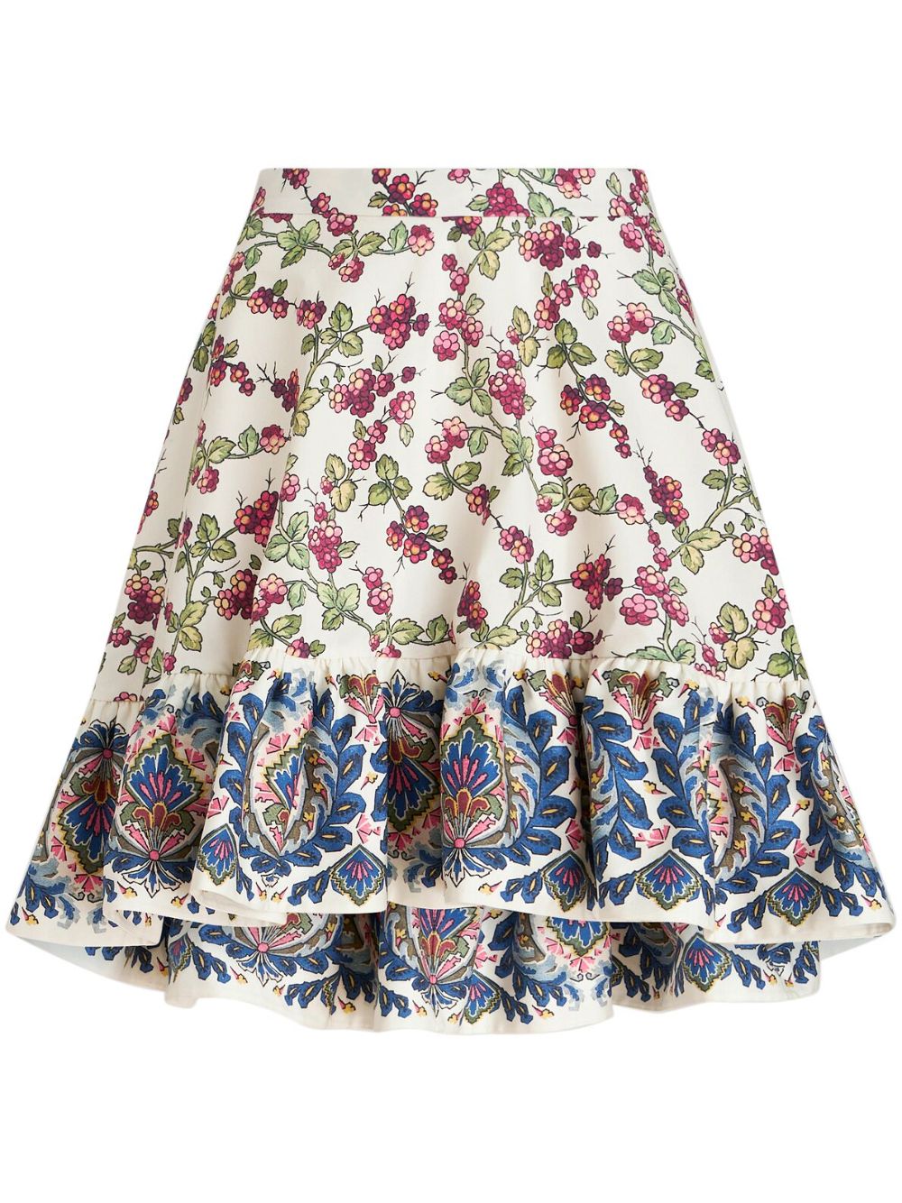 ETRO 莓果印花荷叶边迷你半身裙 - 白色