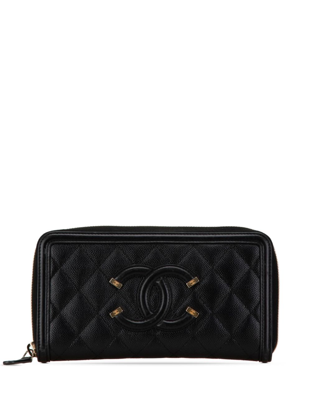 CHANEL Pre-Owned Filigree 绗缝鱼子酱皮质环绕式拉链长款钱包（2019年典藏款） - 黑色