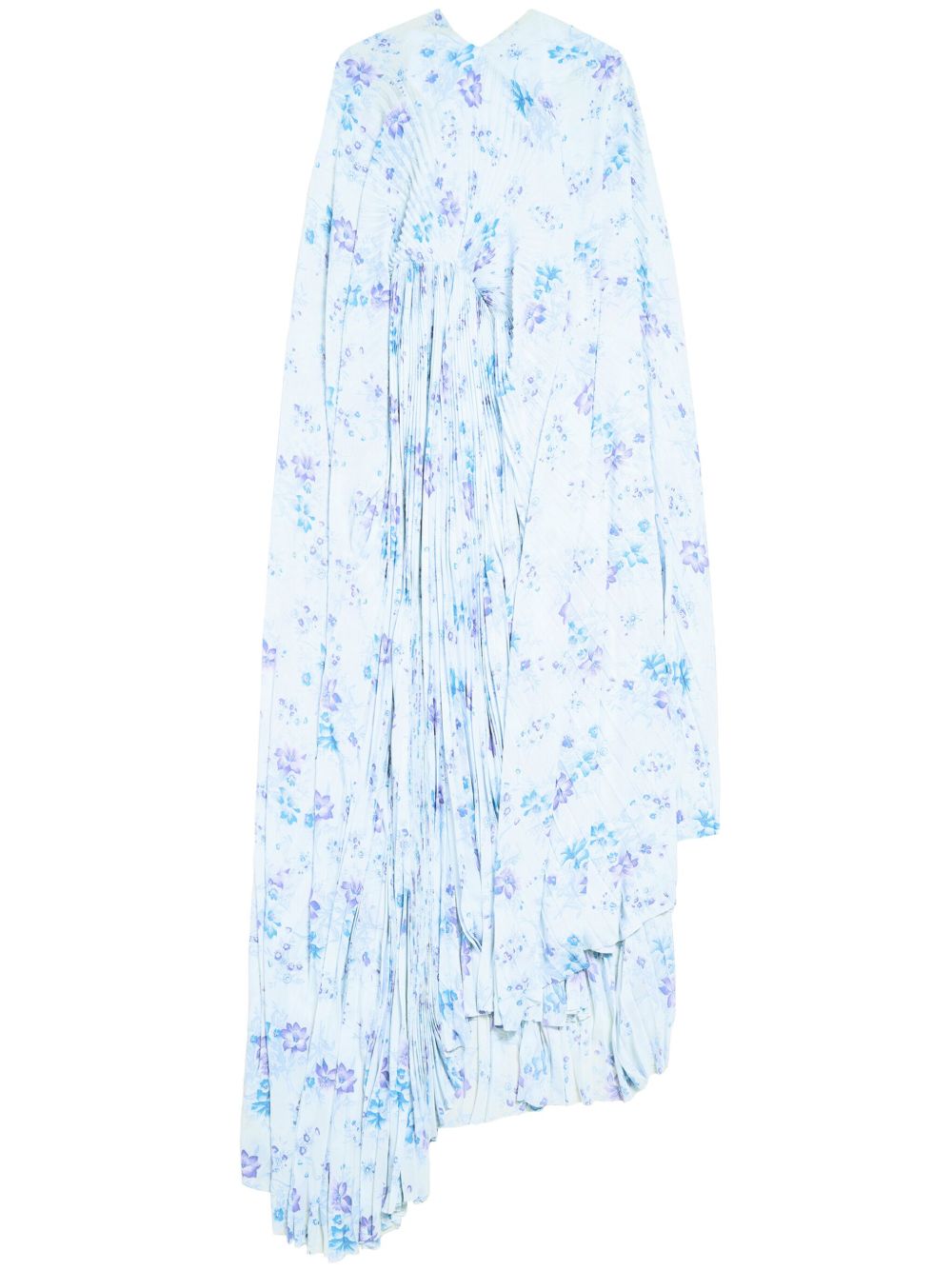 Balenciaga 花卉印花百褶超长连衣裙 - 蓝色