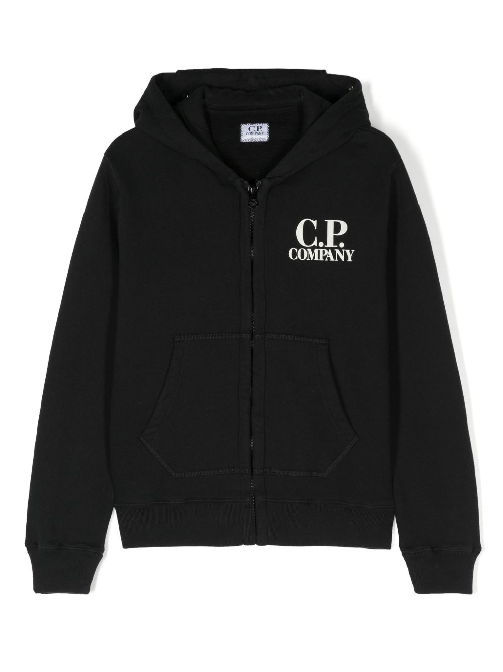 C.P. Company Kids ^ core black ^ cotton ^ soft jersey ^ drawstring hood ^ long raglan sleeves ^ ribbed cuffs ^ two front pouch pockets ^ appliqué l...