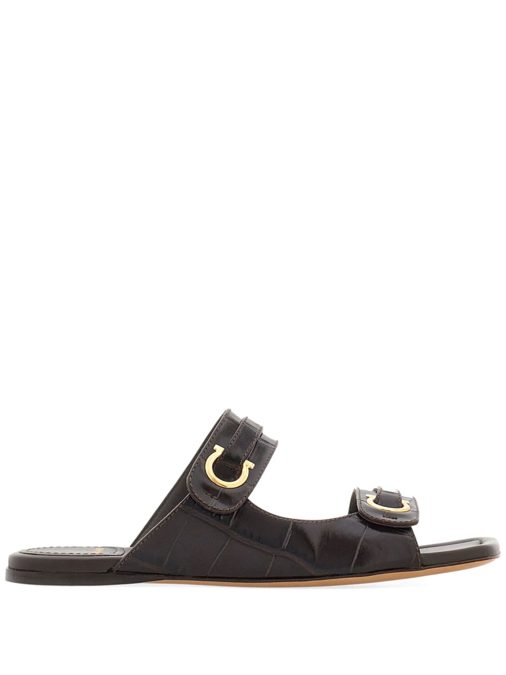 Ferragamo Gancini 标牌皮质拖鞋 - 褐色