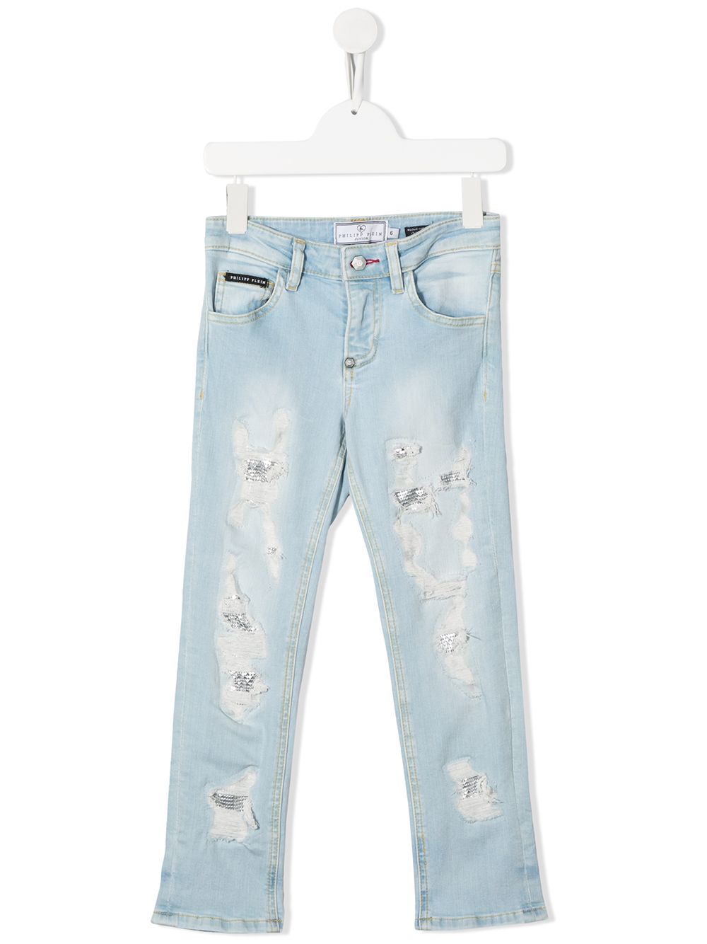 Philipp Plein Junior 仿旧直筒牛仔裤 - 蓝色