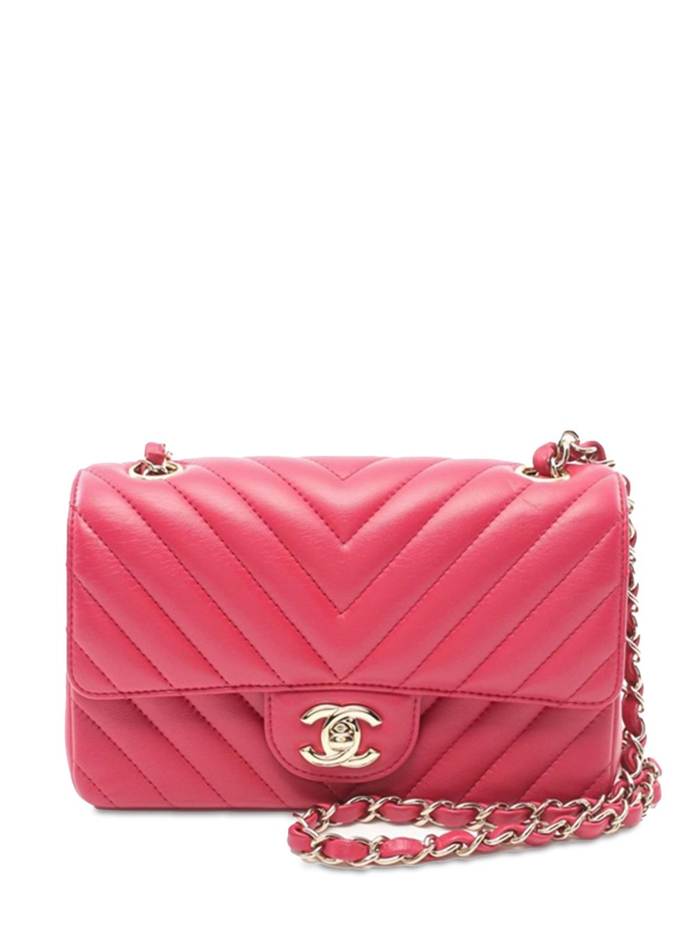 CHANEL Pre-Owned Flap 迷你长方形人字纹图案小羊皮斜挎包（2019年典藏款） - 粉色
