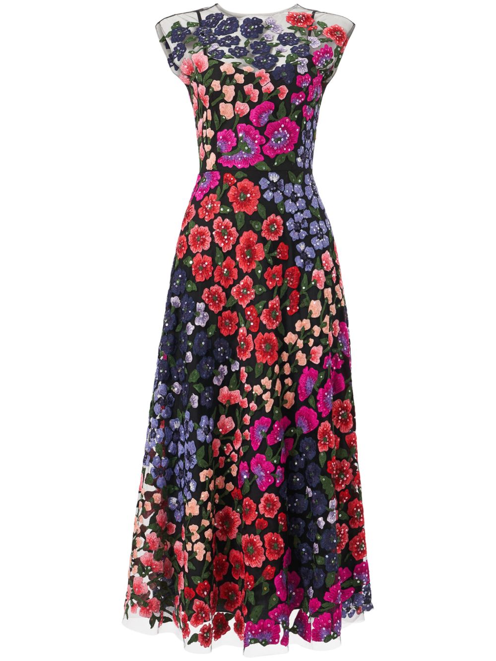 Carolina Herrera 花卉刺绣薄纱中长连衣裙 - 黑色