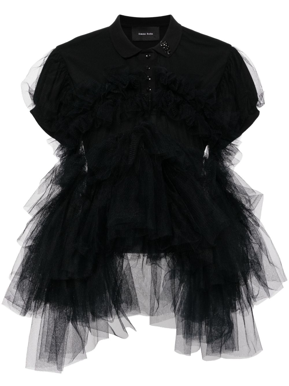 Simone Rocha 薄纱荷叶边polo衫 - 黑色