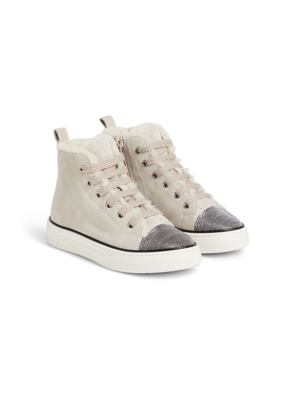 Brunello Cucinelli Kids 系带皮毛一体及踝靴 - 灰色