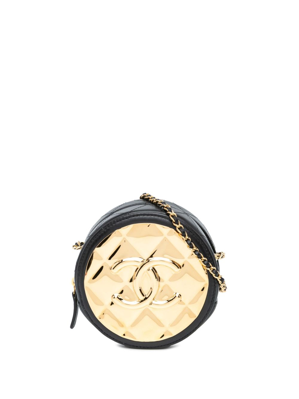 CHANEL Pre-Owned Golden Plate 迷你小羊皮圆形搭链斜挎手拿包（2021年典藏款） - 黑色