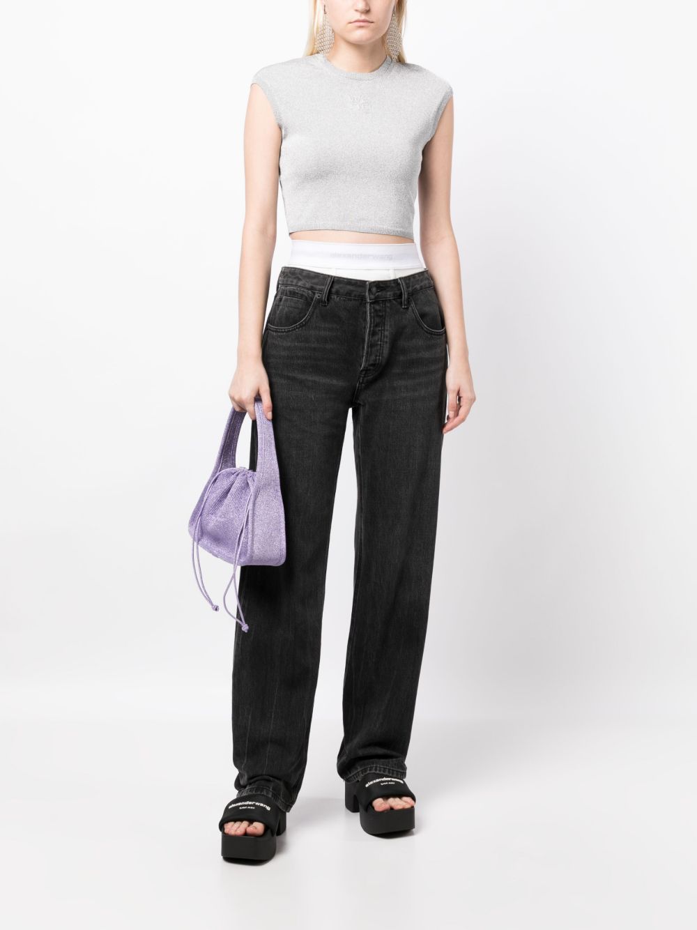 Alexander Wang logo压纹盖袖针织T恤 - 银色