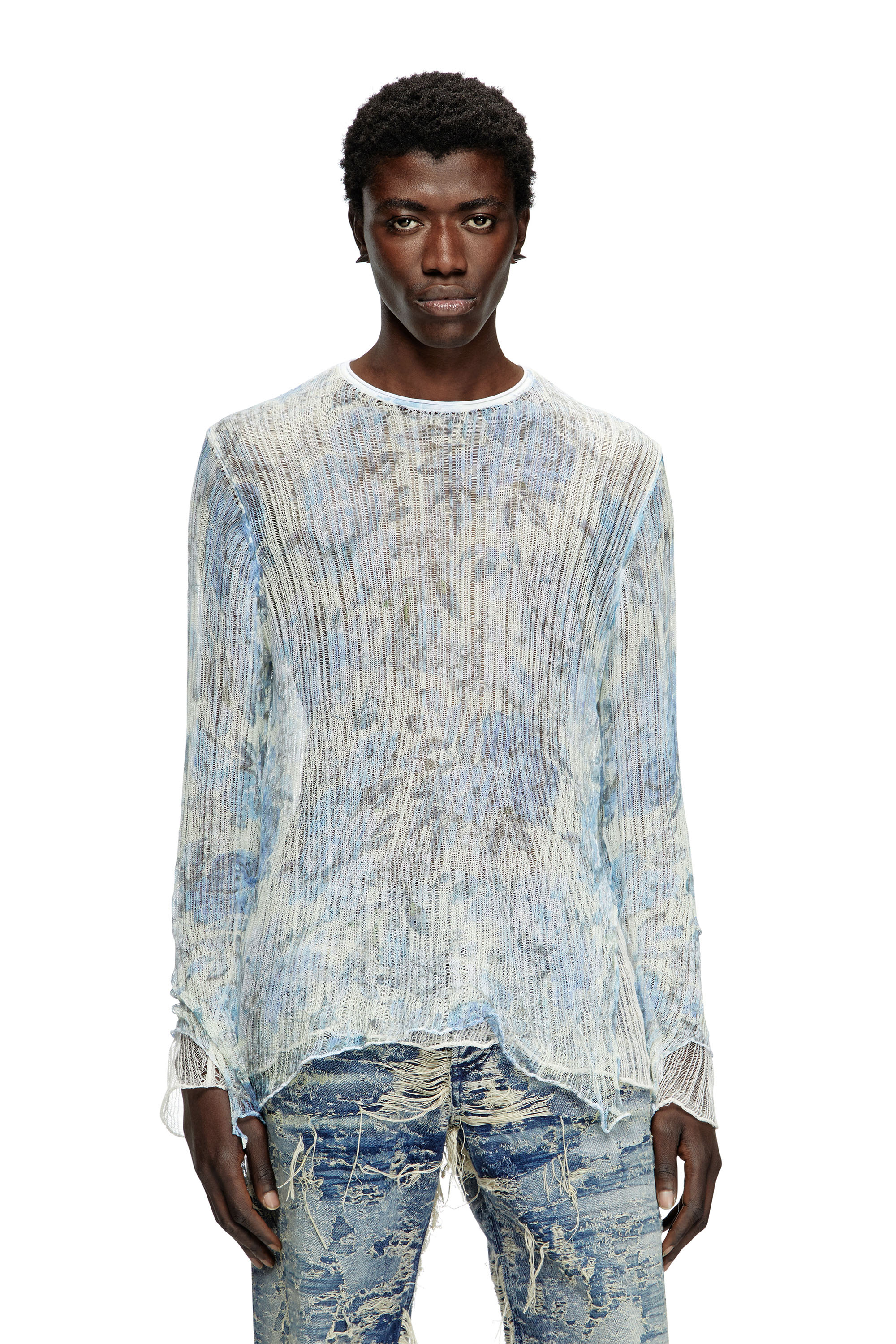 Diesel - Dishevelled knit jumper with floral print - Knitwear - Unisex - Blue