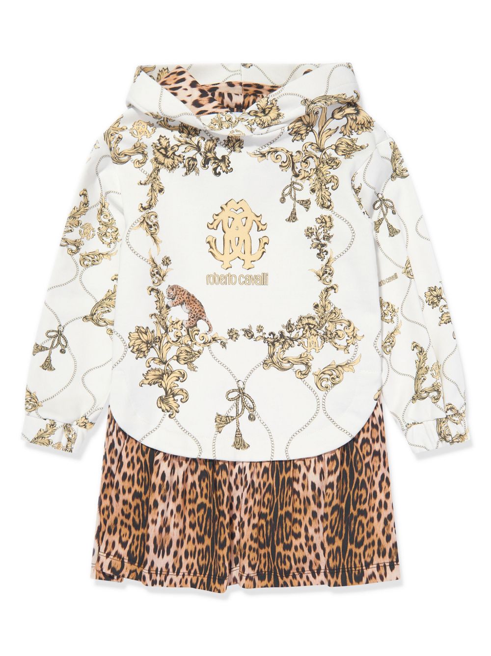 Roberto Cavalli Junior 锁链印花分层式连衣裙 - 白色