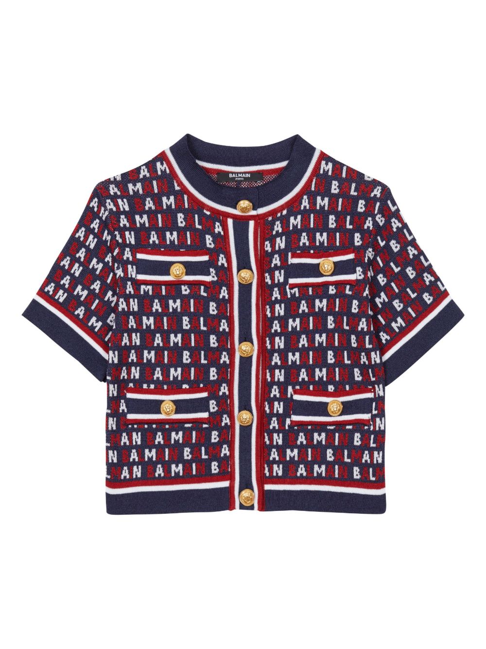 Balmain Kids logo提花短袖开衫 - 蓝色