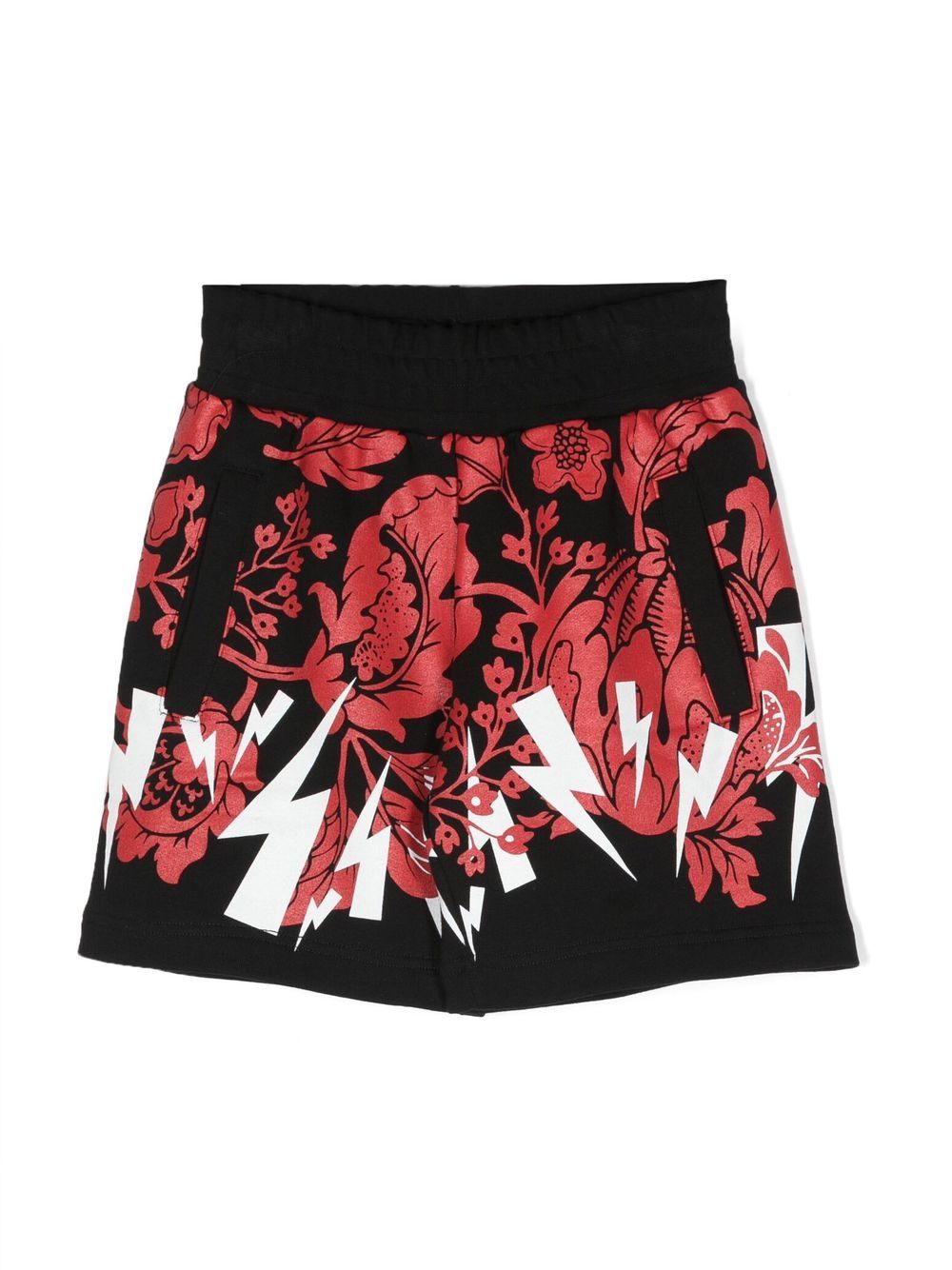 Neil Barrett Kids logo印花花卉短裤 - 黑色