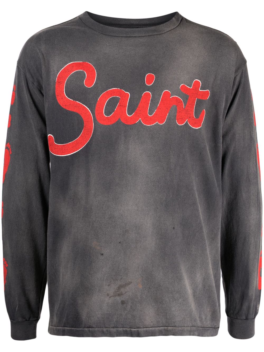 SAINT MXXXXXX logo印花仿旧效果T恤 - 灰色