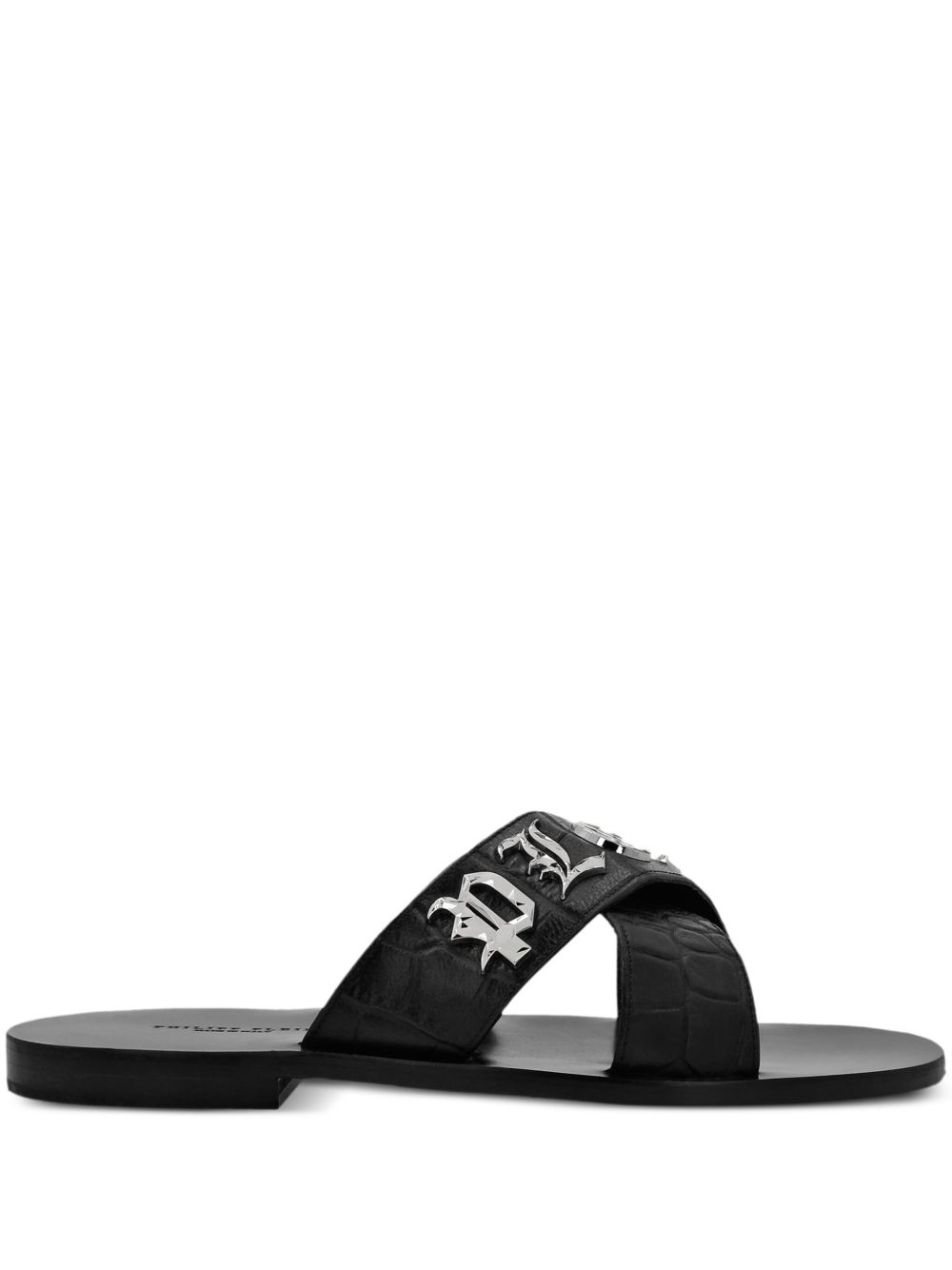 Philipp Plein logo标牌皮质凉鞋 - 黑色