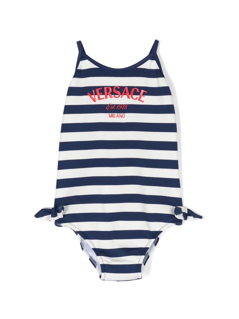 Versace Kids 对比边饰条纹连体泳衣 - 蓝色