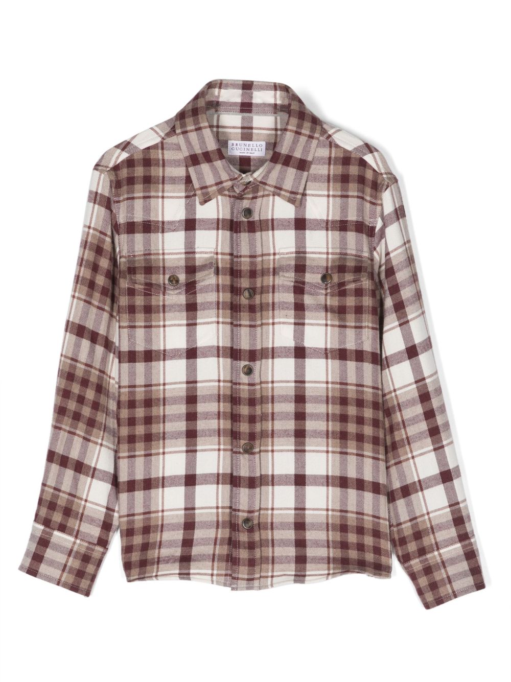 Brunello Cucinelli Kids 格纹图案棉衬衫 - 中性色