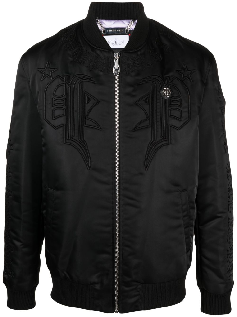 Philipp Plein logo刺绣缎面飞行员夹克 - 黑色