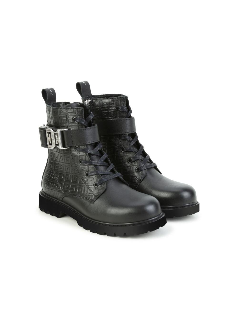 Givenchy Kids logo扣环系带皮质短靴 - 黑色