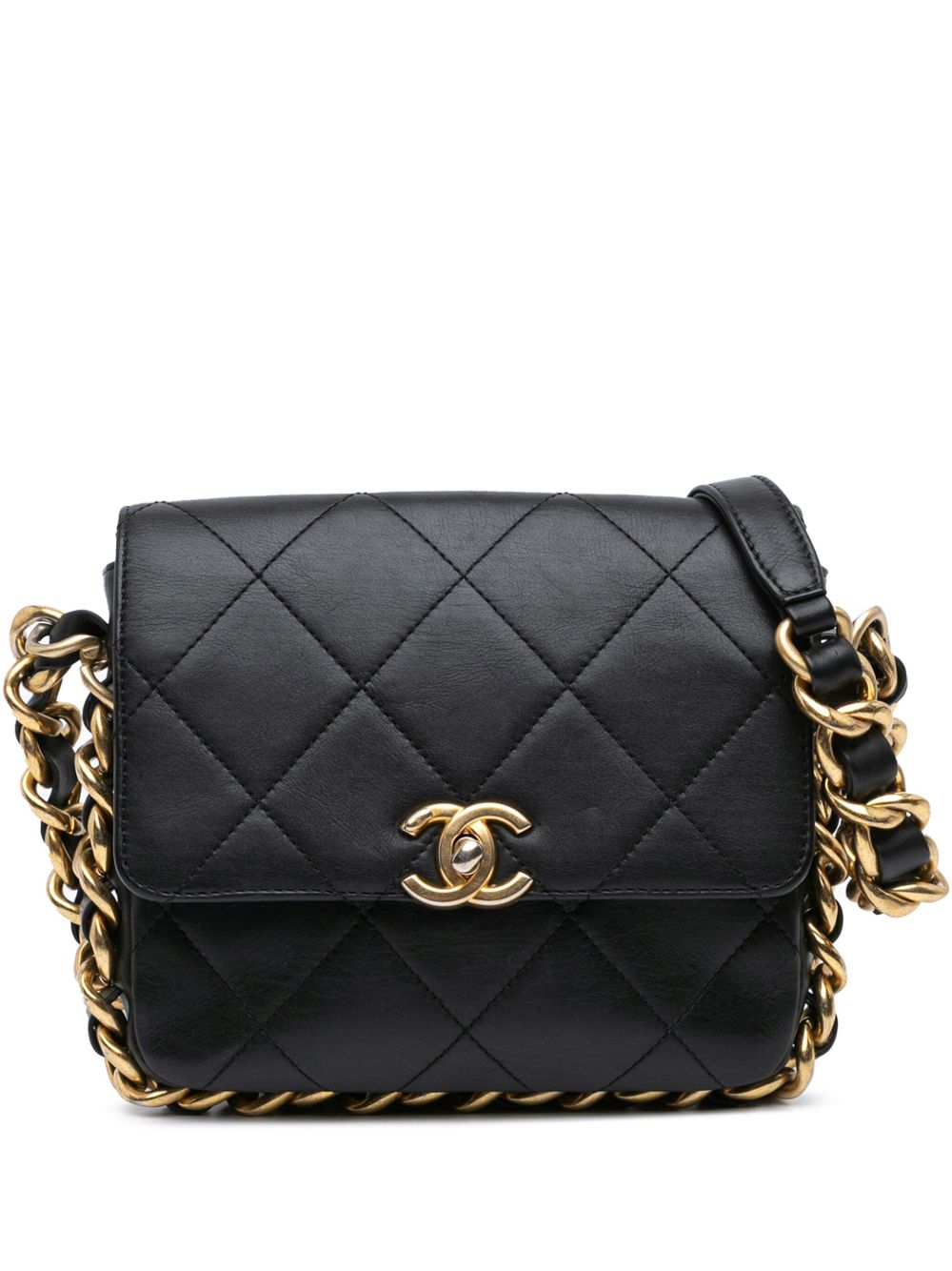 CHANEL Pre-Owned Framing Chain Flap 小号绗缝小牛皮斜挎包（2022-2024年典藏款） - 黑色