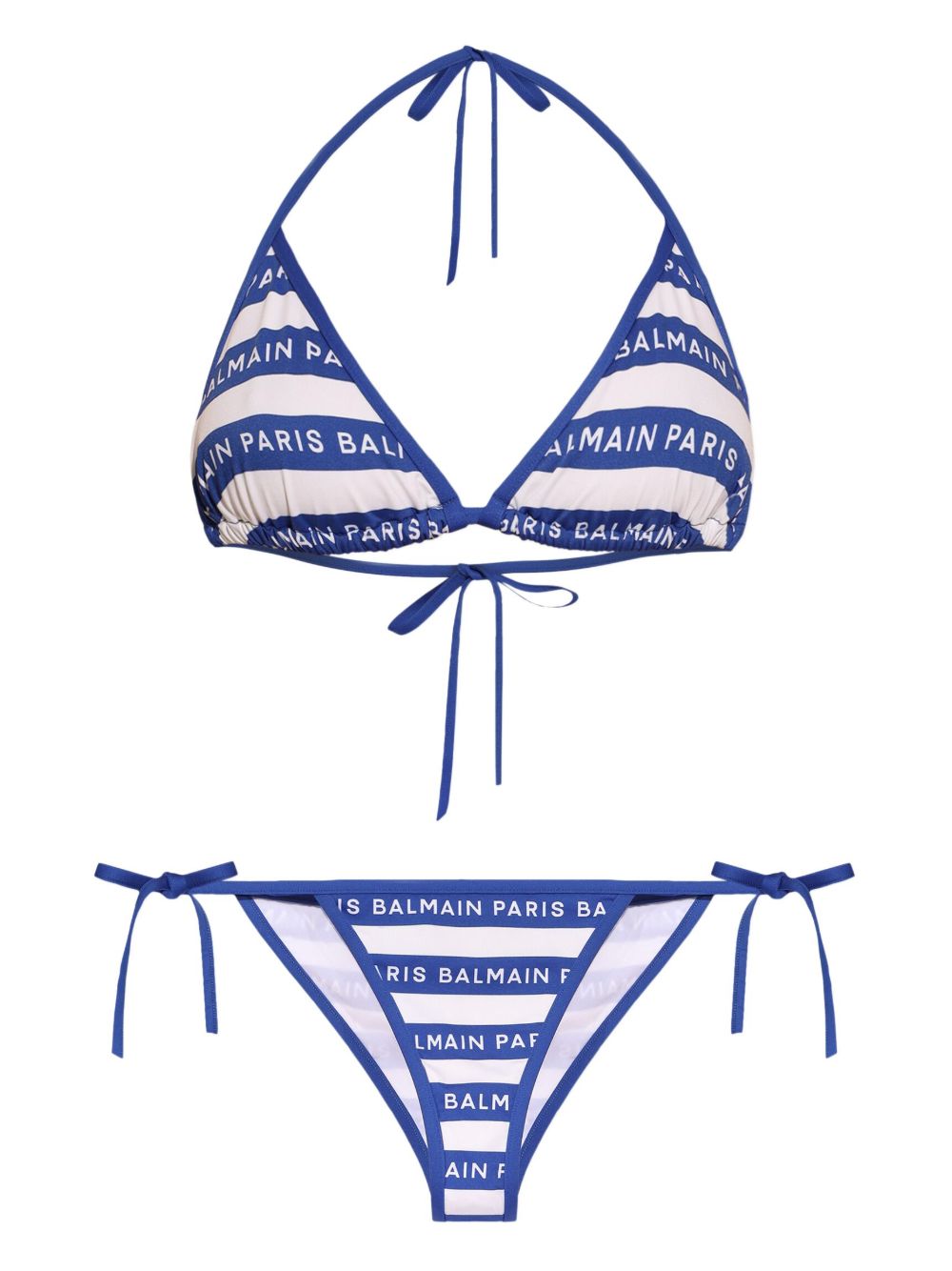 Balmain logo印花条纹比基尼 - 蓝色