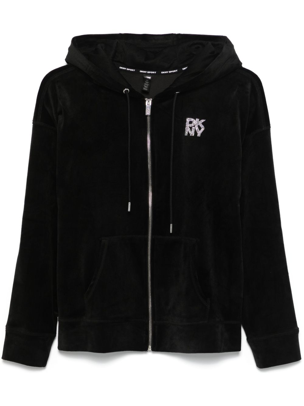 DKNY logo缀饰丝绒连帽衫 - 黑色