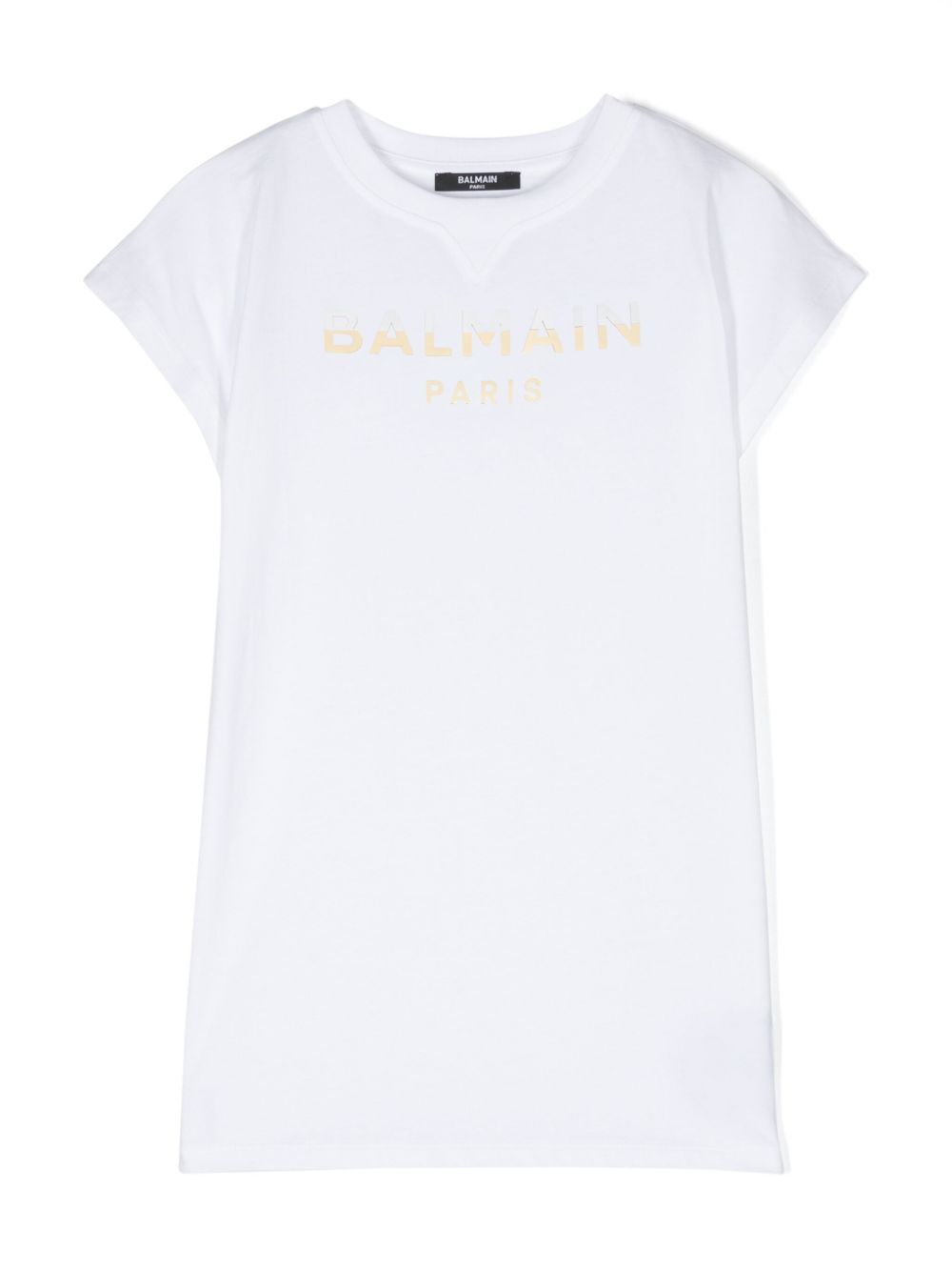 Balmain Kids logo印花T恤式连衣裙 - 白色