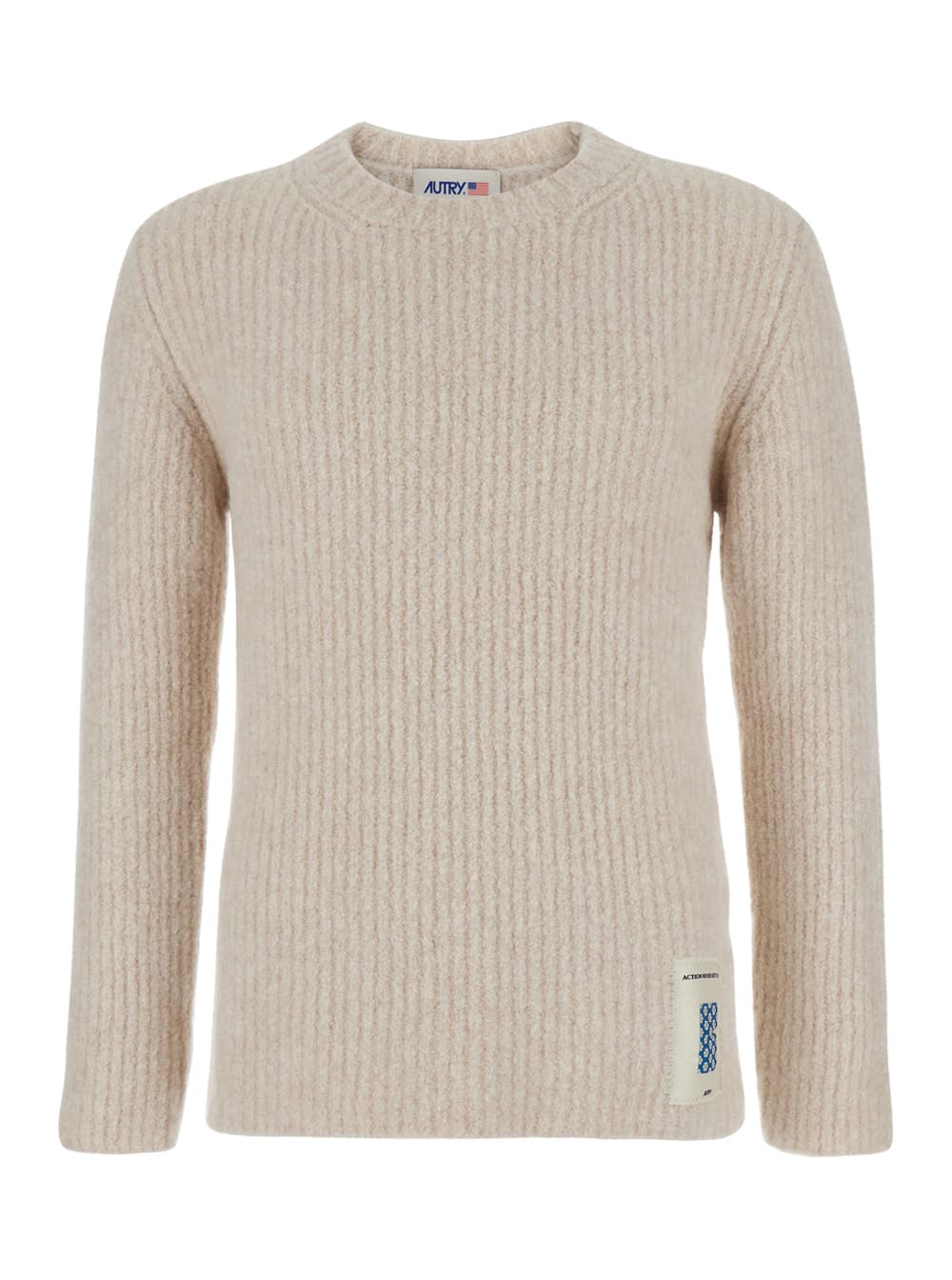 Autry Beige Crewneck Sweater With Logo Patch In Fabric Man