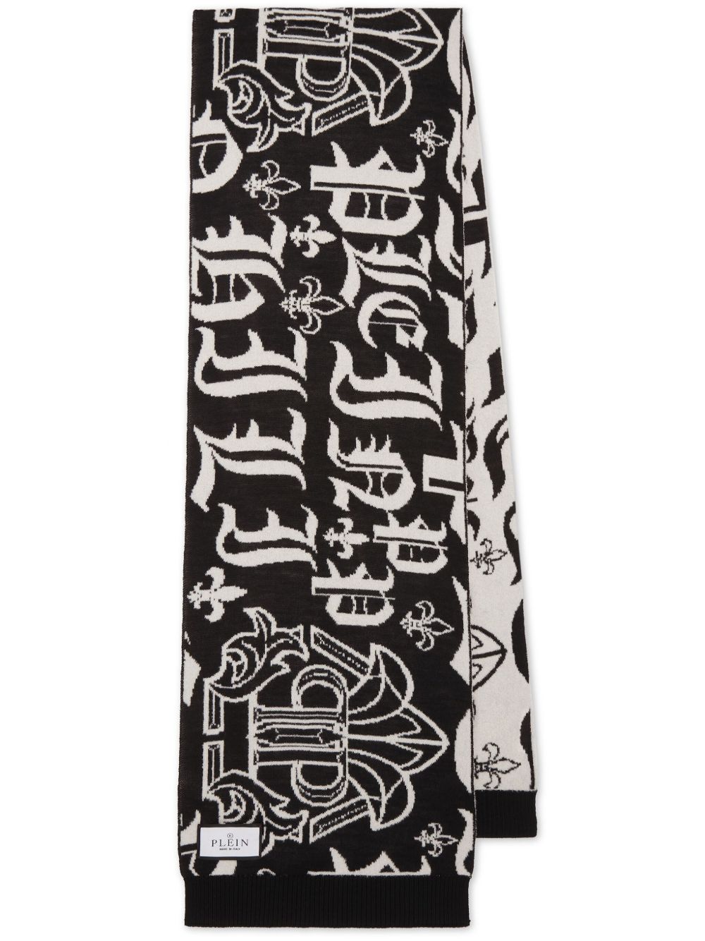 Philipp Plein logo图案美利诺羊毛围巾 - 黑色
