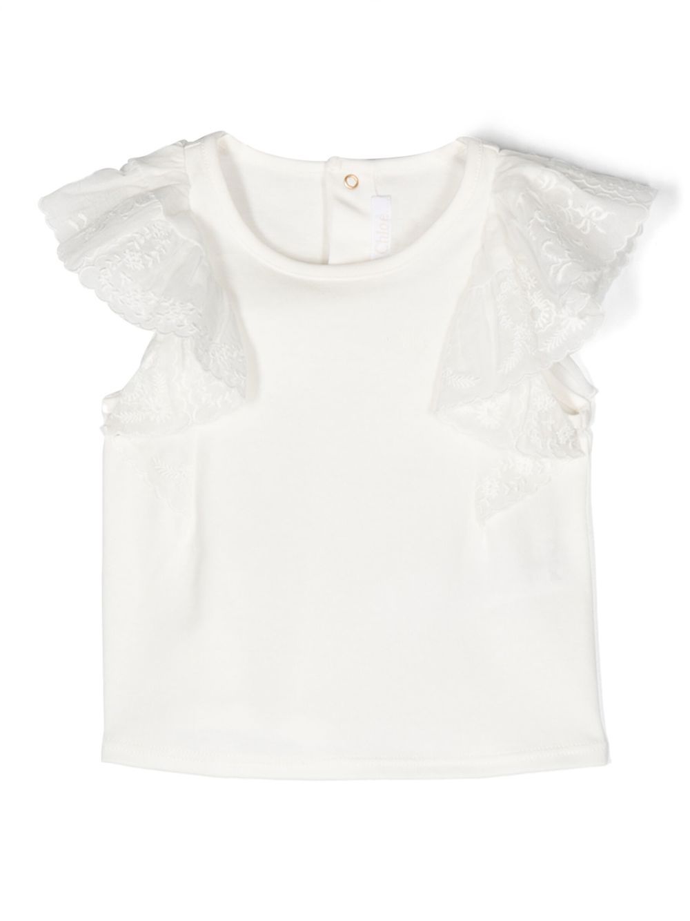 Chloé Kids 花卉刺绣蝴蝶袖T恤 - 白色