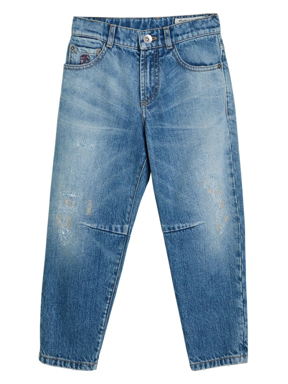 Brunello Cucinelli Kids 撕裂效果直筒牛仔裤 - 蓝色
