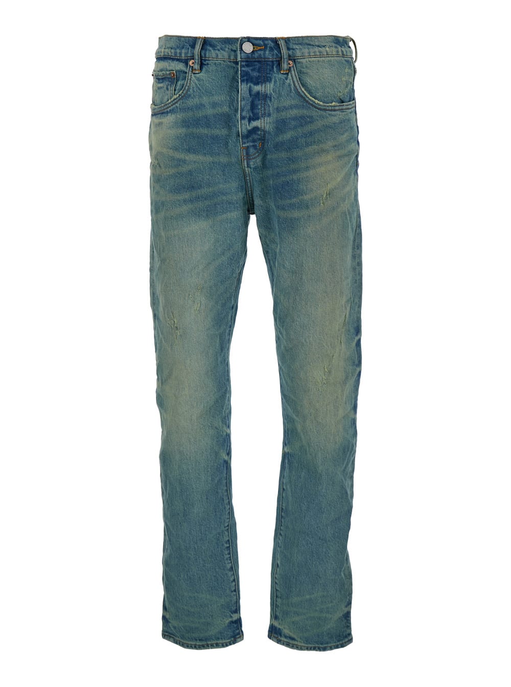 Purple Brand Light Blue Straight Jeans With Crinkled Effect In Stretch Cotton Denim Man