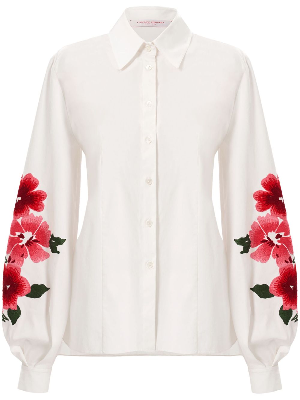Carolina Herrera 花卉刺绣泡泡袖衬衫 - 白色