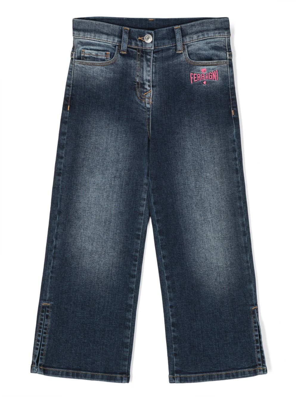 Chiara Ferragni Kids logo刺绣直筒牛仔裤 - 蓝色