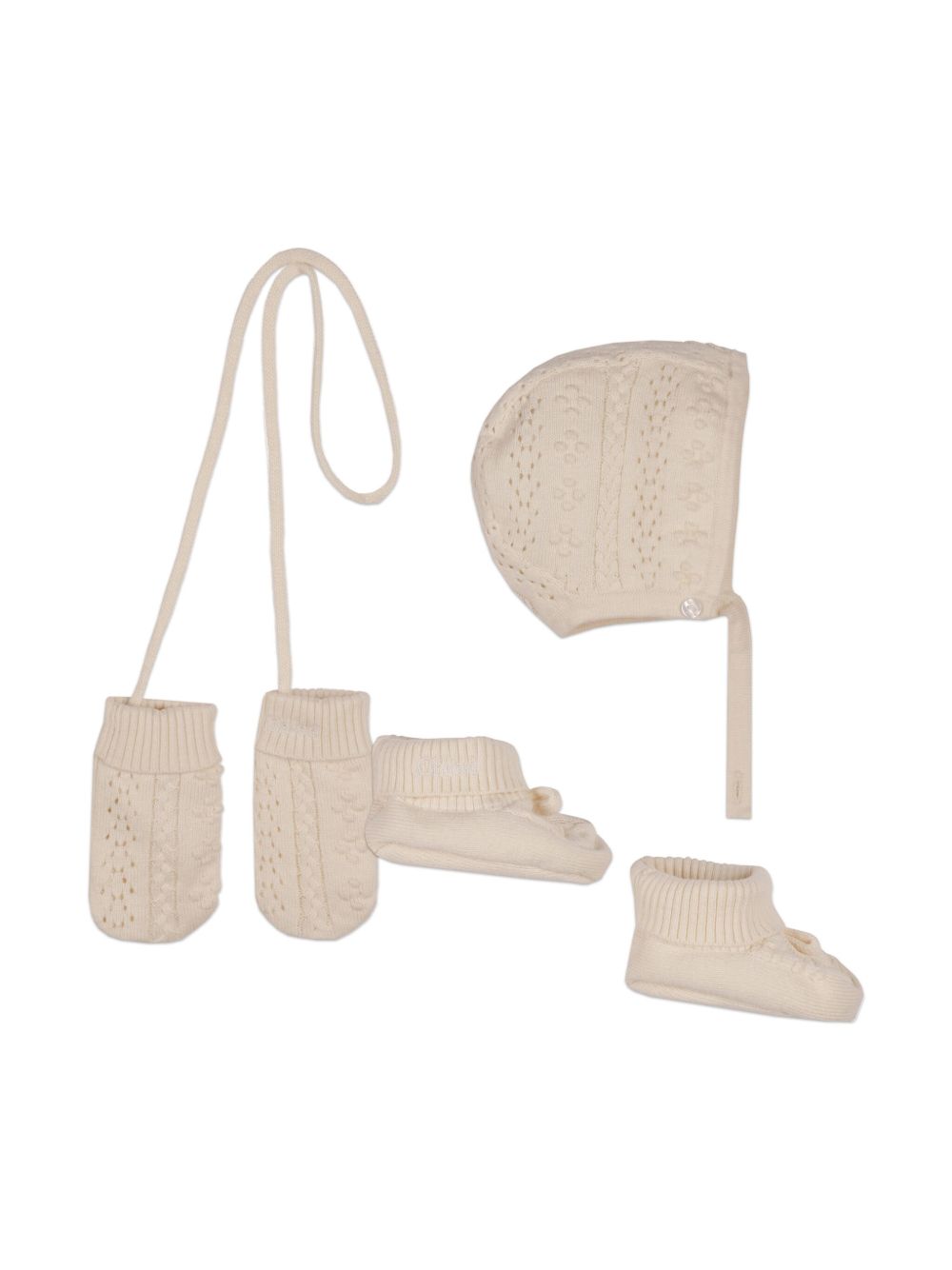 Chloé Kids 蝴蝶结细节网眼编织帽套装 （三件装） - 中性色